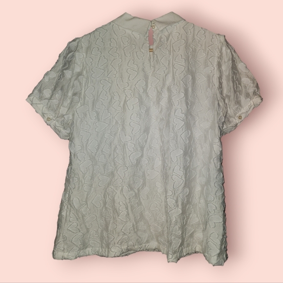 Karl Lagerfeld Paris White Heart Burnout Pattern Blouse Top Short Sleeve Collar - Picture 2 of 3